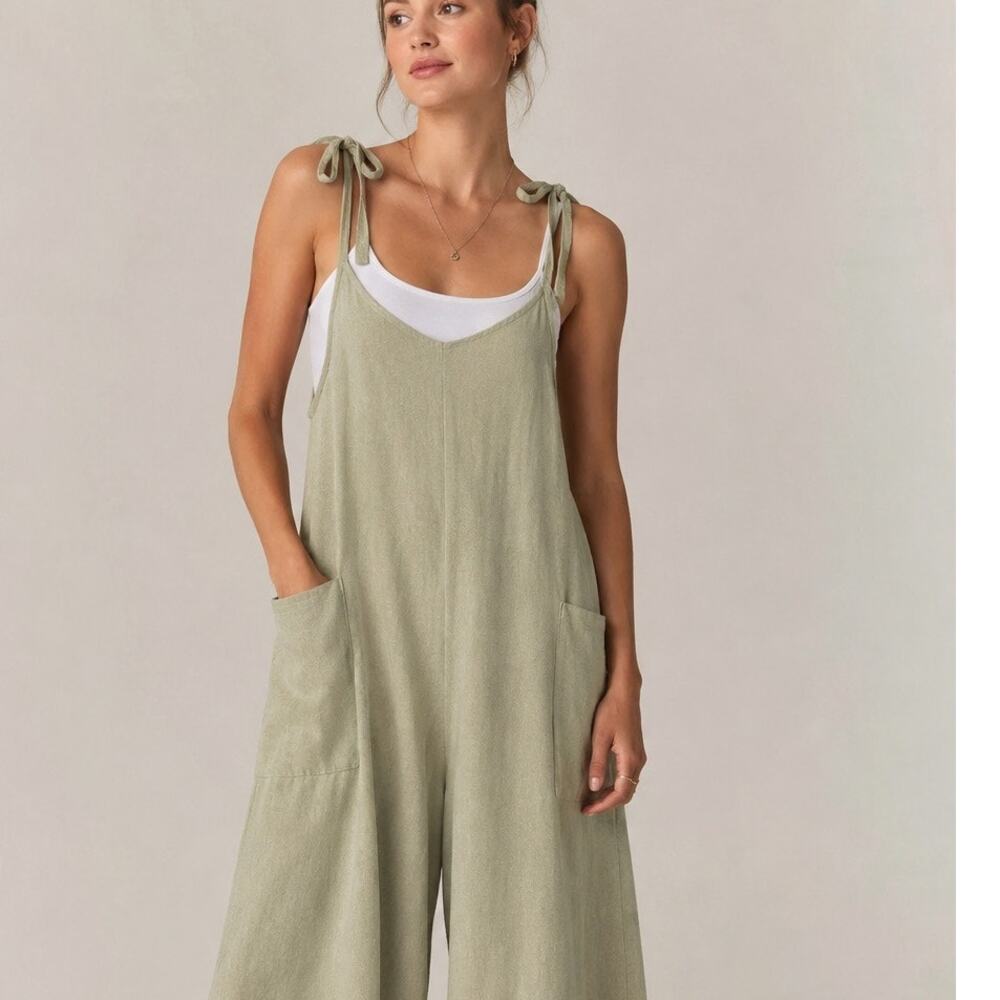 Hunter & Brown Beige Linen Blend Tie Strap Wide Leg Jumpsuit Large Boho